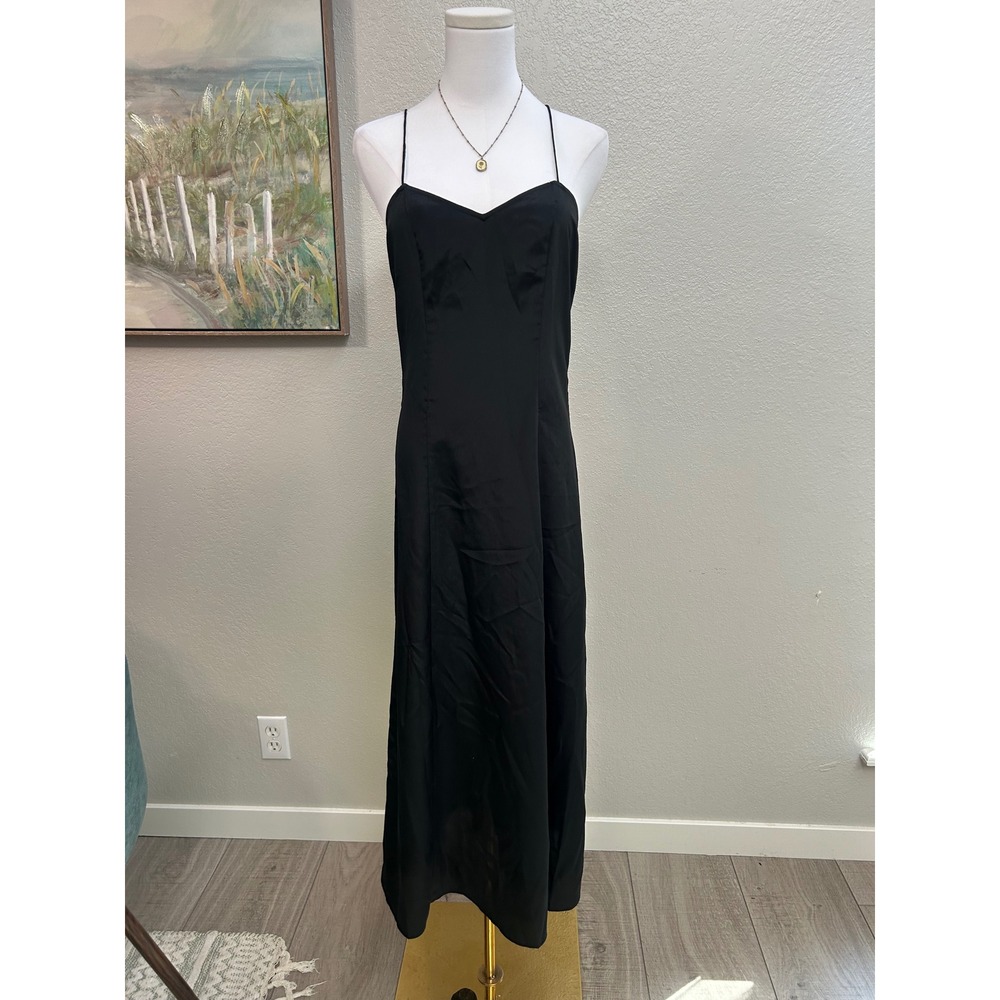 A|X Armani Exchange Black Satin Maxi Slip Dress Open Back Size 4 Minimalist